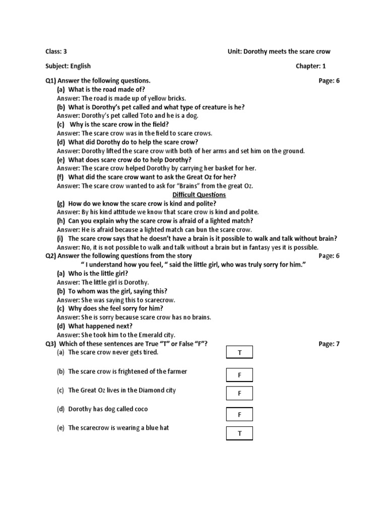 Class 3 English H.W | PDF | Dorothy Gale | Scarecrow (Oz)