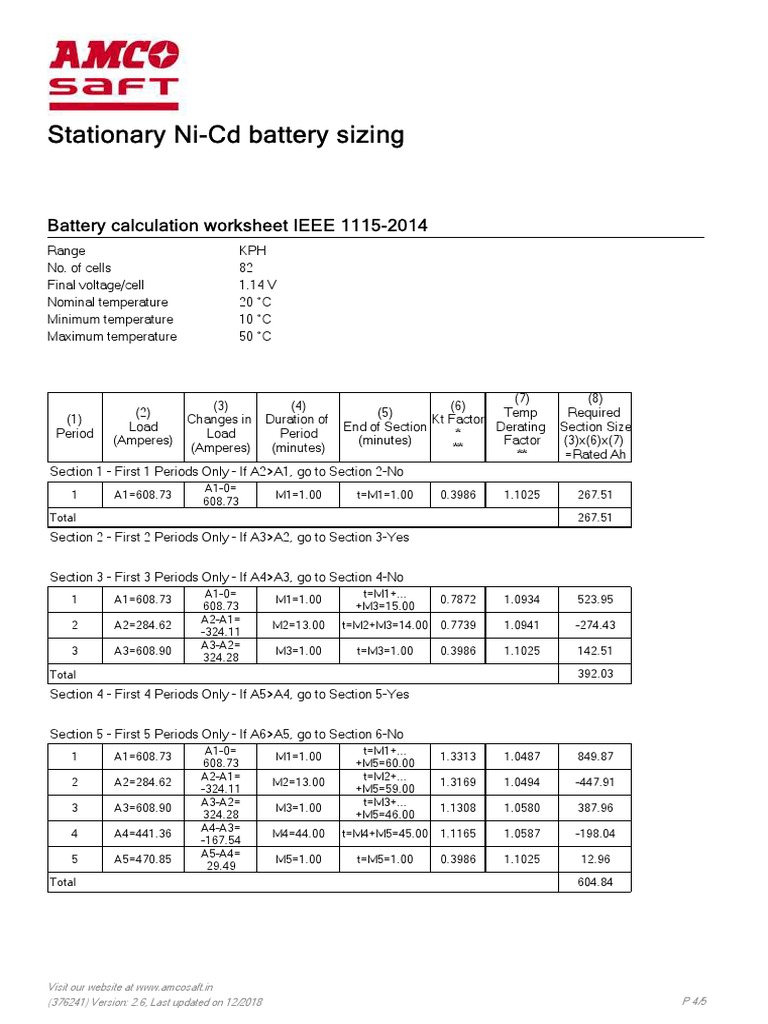 Stationary NiCd Battery Sizing Battery Calculation Worksheet IEEE