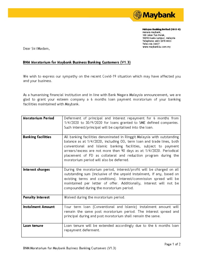 Bnm Moratorium For Maybank Business Banking Customers V1 3 Pdf Interest Loans