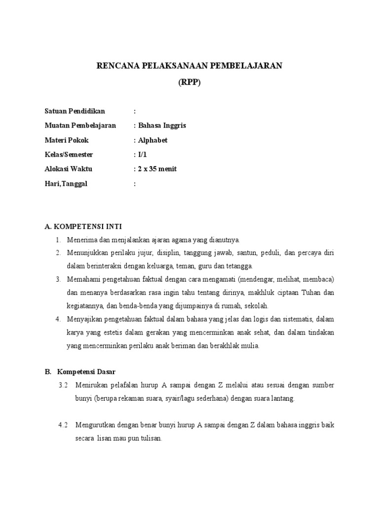 RPP ALPHABET PERTEMUAN 1 Contoh | PDF