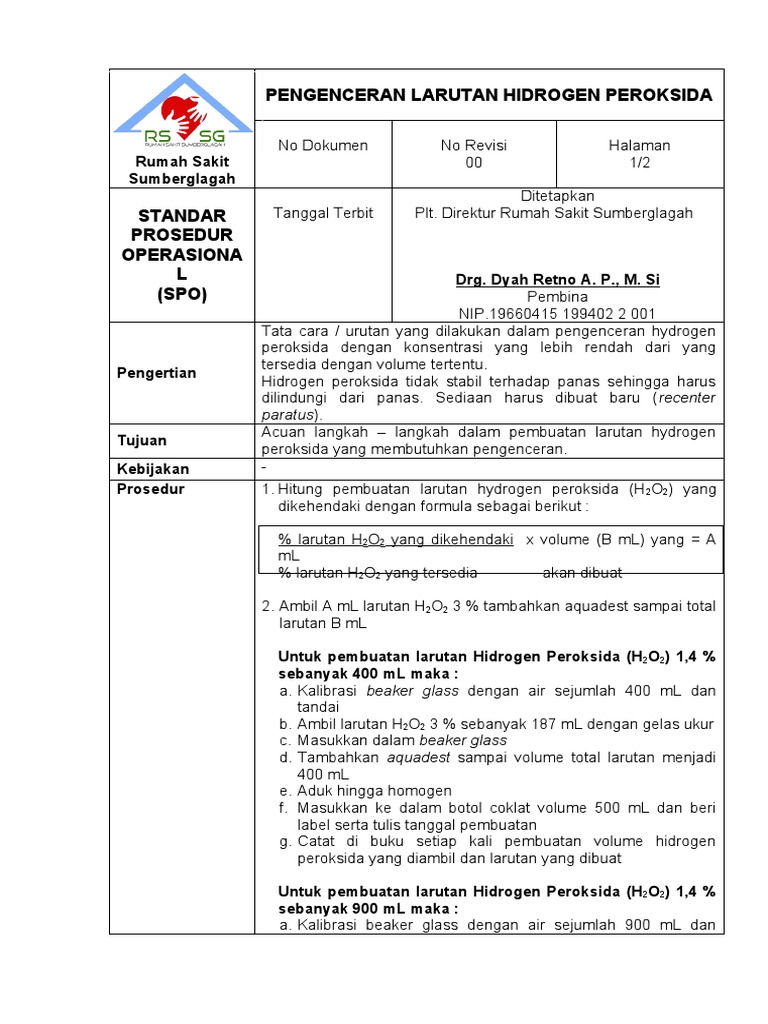 Prosedur Pengenceran H2O2 di RS Sumberglagah | PDF