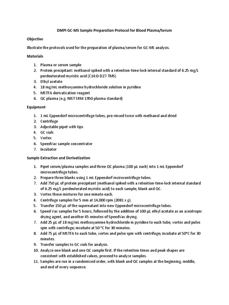 DMPI GC MS Sample Preparation Protocol For Blood Plasma/Serum Objective ...