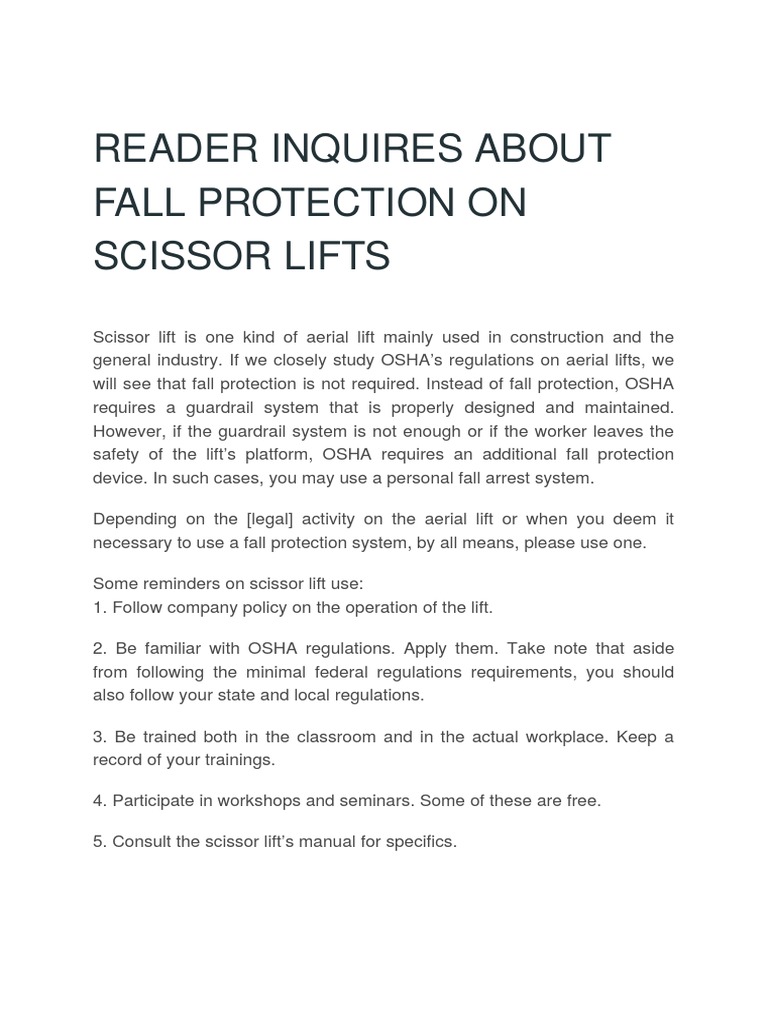 Fall Protection On Scissor Lifts Pdf 2 Pdf Pdf Elevator
