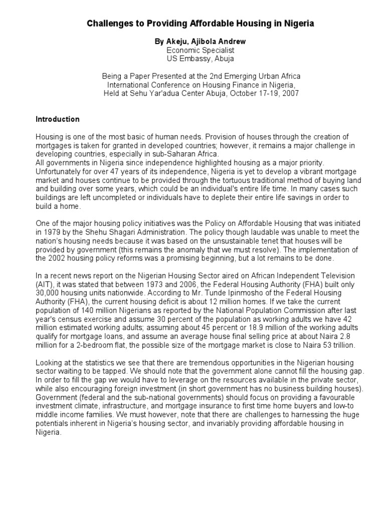Affordable Housing Challenges in Nigeria | PDF | Federal Housing ...