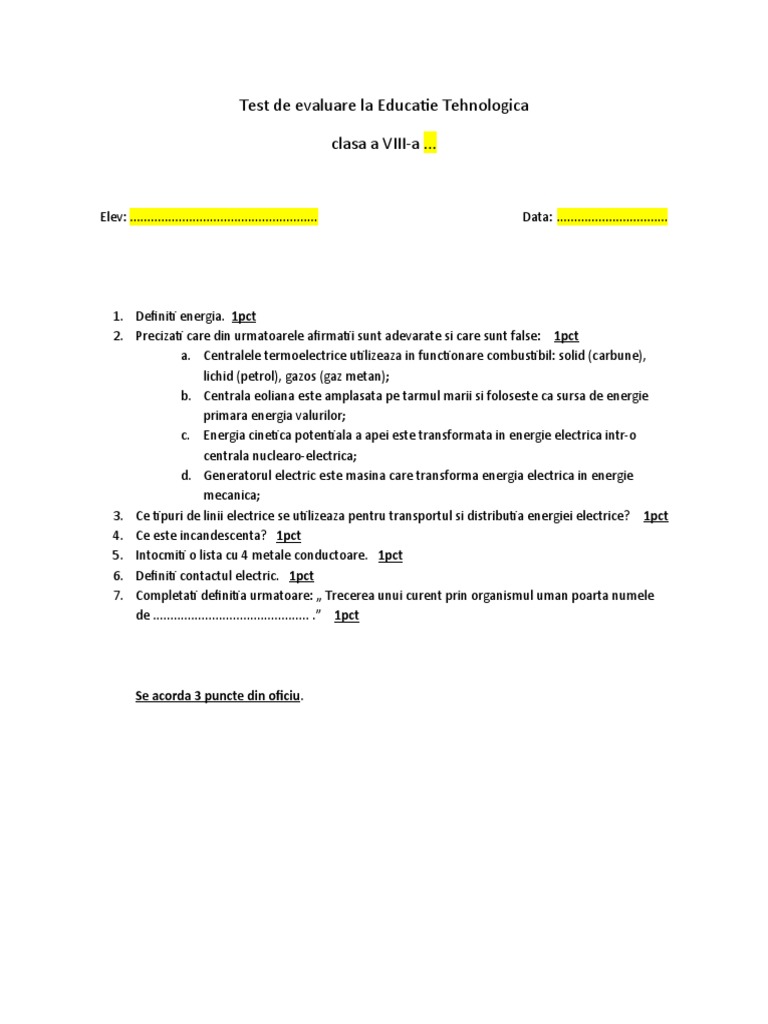 TEST DE EVALUARE Cls 8 | PDF