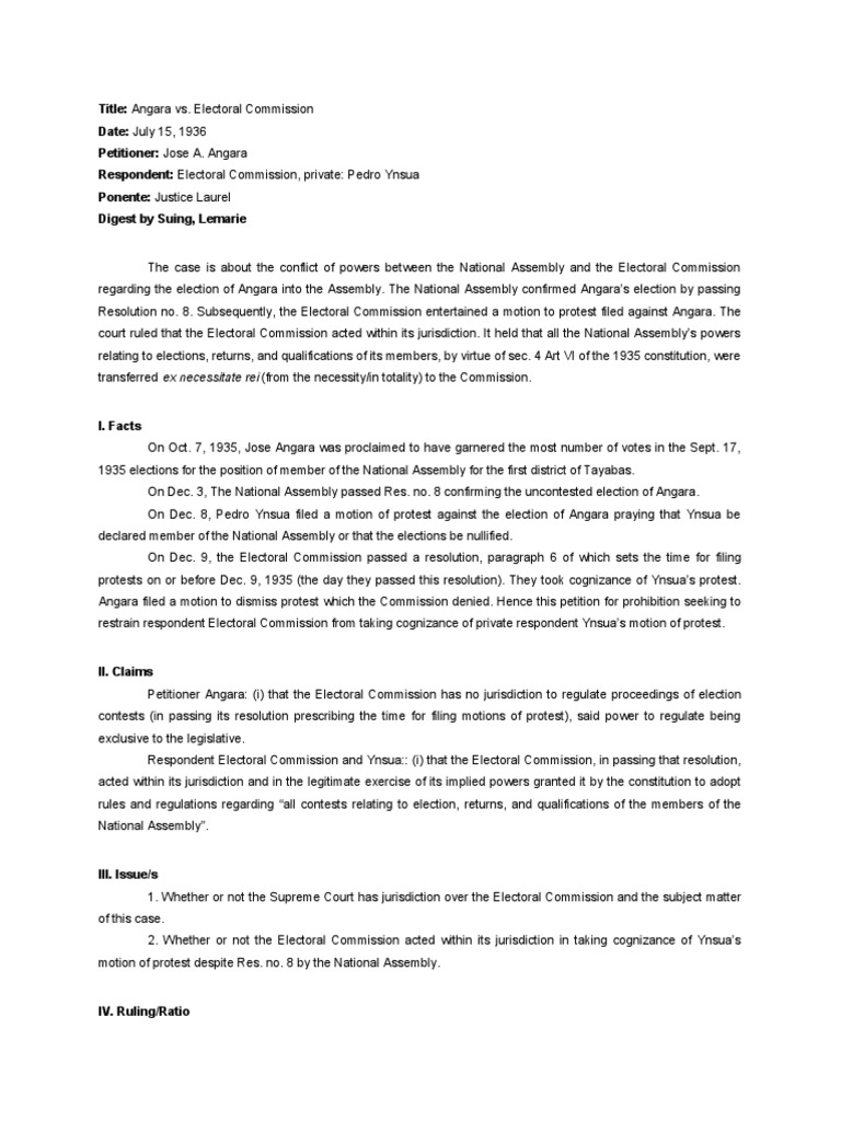 Angara vs. Electoral Commission Case Summary | PDF | Case Or ...