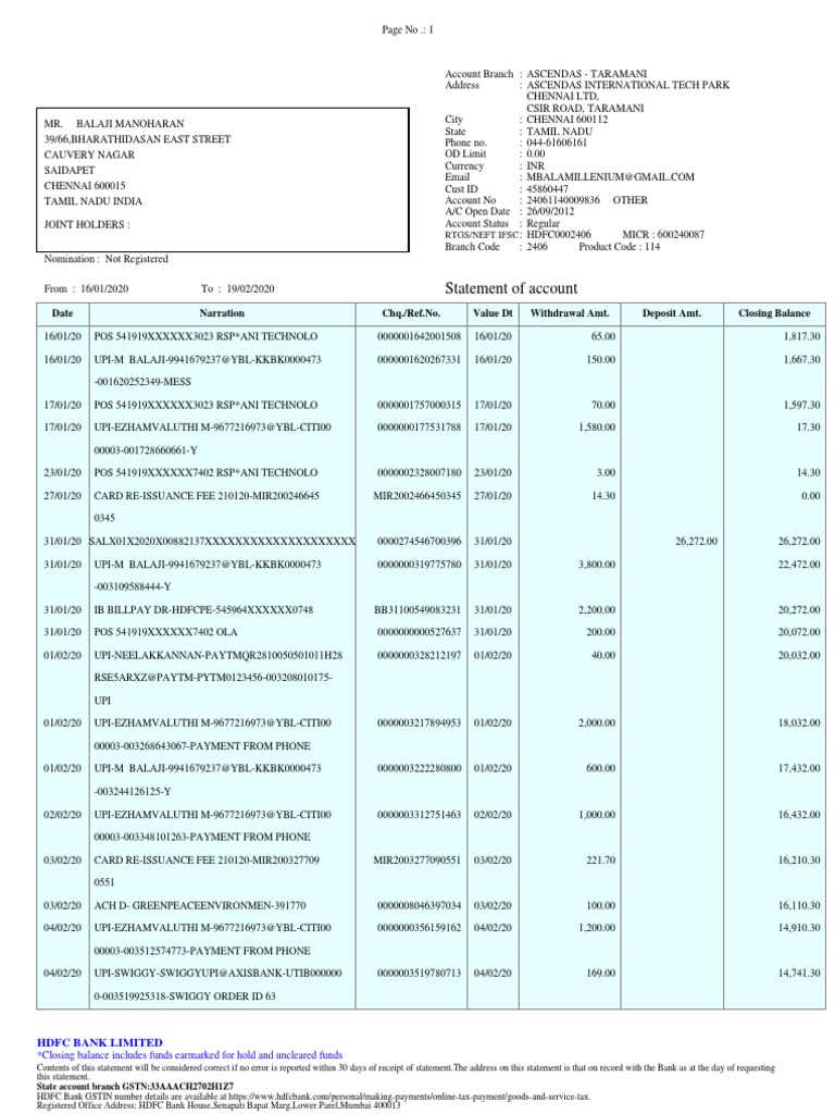 Statement of Account Date Narration Chq./Ref No. Value DT Withdrawal