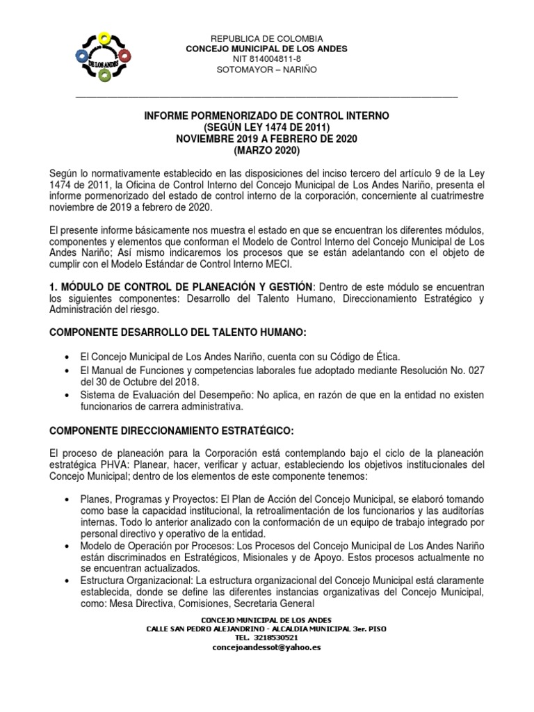 Informe Pormenorizado Control Interno 2020 | PDF | Planificación ...
