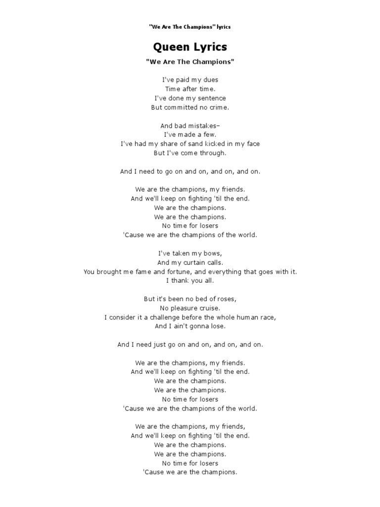 Queen We Are The Champions Lyrics PDF