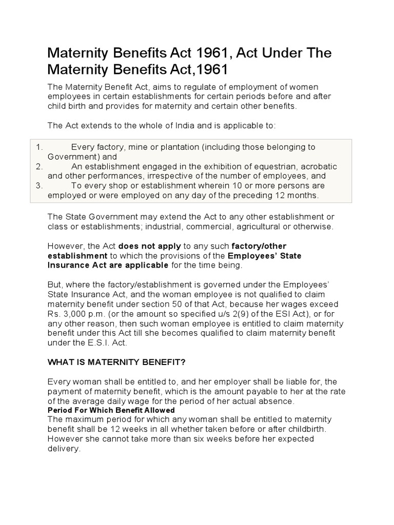 Maternity Benefits Act 1961 PDF Childbirth Pregnancy