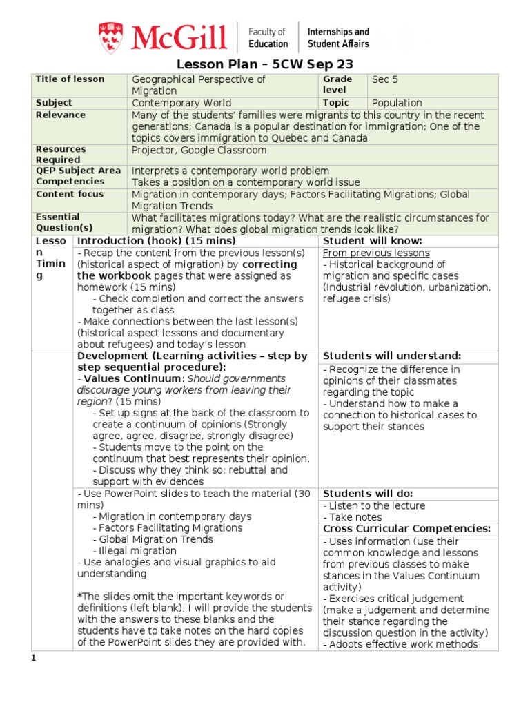 Geographical Migration Lesson Plan | PDF | Educational Assessment ...