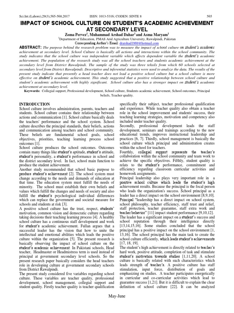 Impact of School Culture On Student'S Academic Achievement at Secondary ...