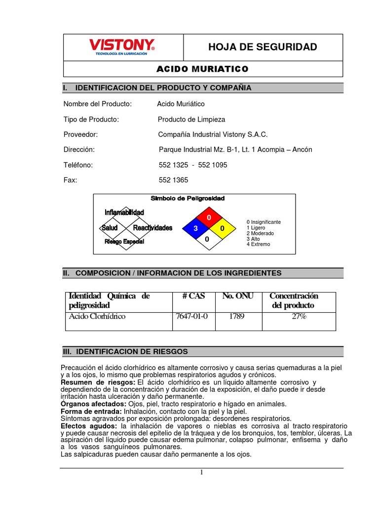 MSDS Acido Muriatico PDF Ácido clorhídrico Primeros auxilios