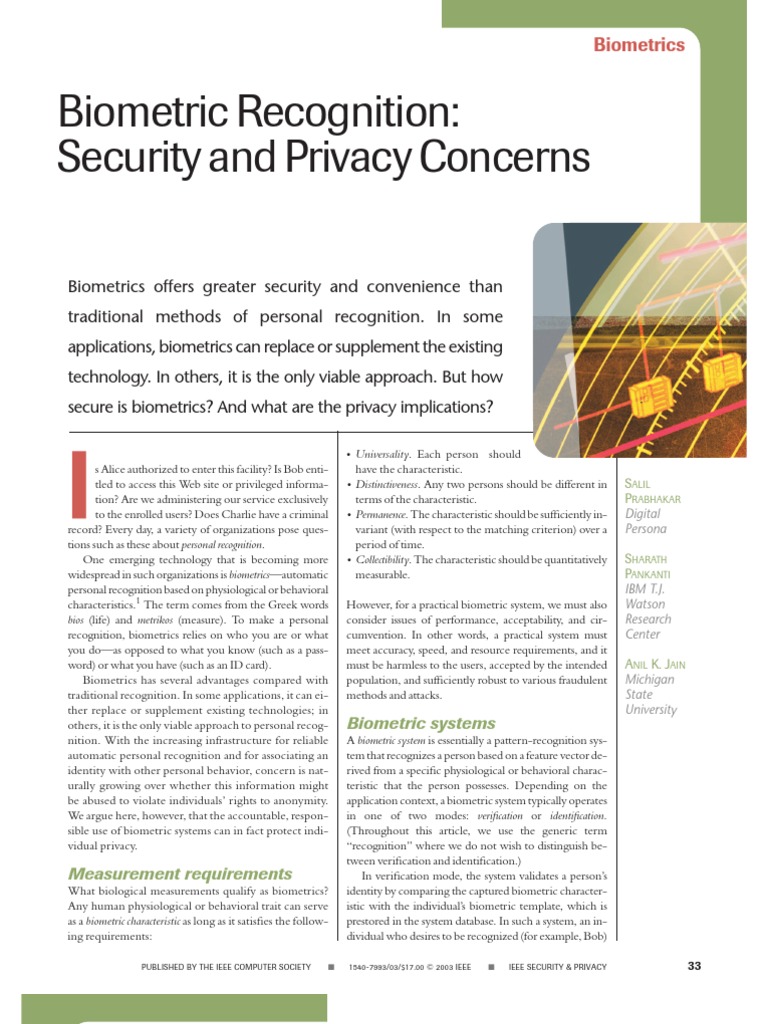 Biometric Recognition Security and Privacy Concerns PDF Biometrics