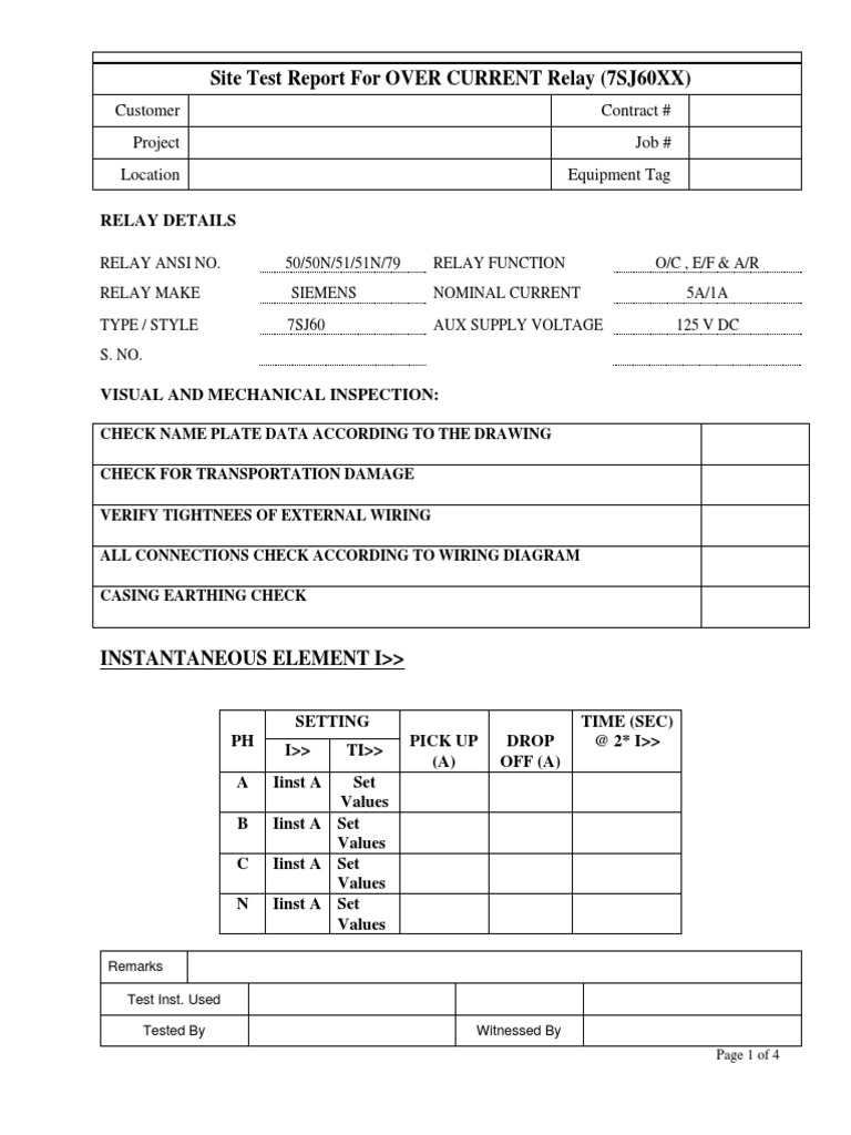 Overcurrent Relay Test Report 7SJ60XX | PDF | Relay | Electromagnetism