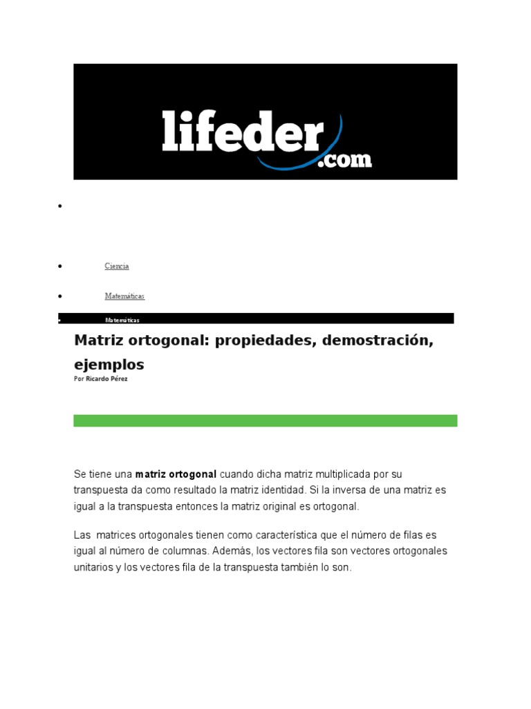 Matriz Ortogonal: Propiedades, Demostración, Ejemplos: Ciencia | PDF ...