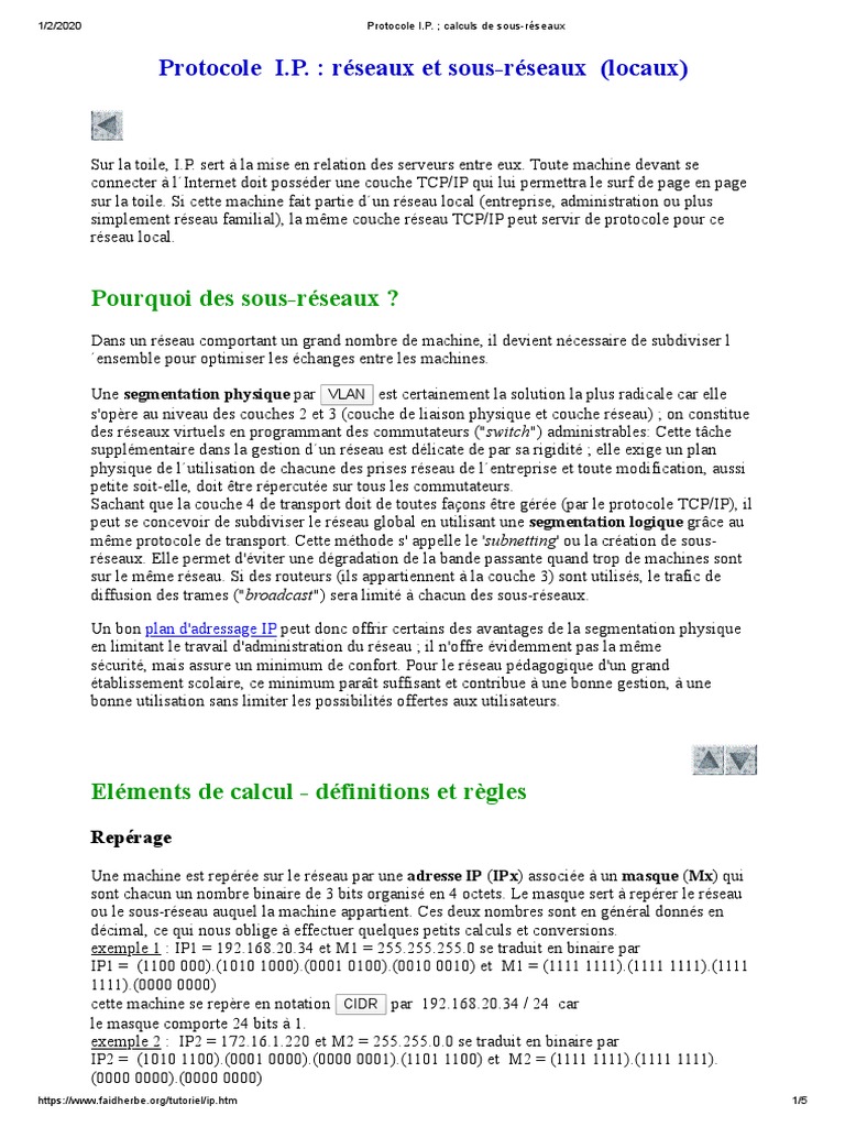 Protocole I.P. Calculs de Sous-Réseaux PDF | PDF | Adresse IP ...
