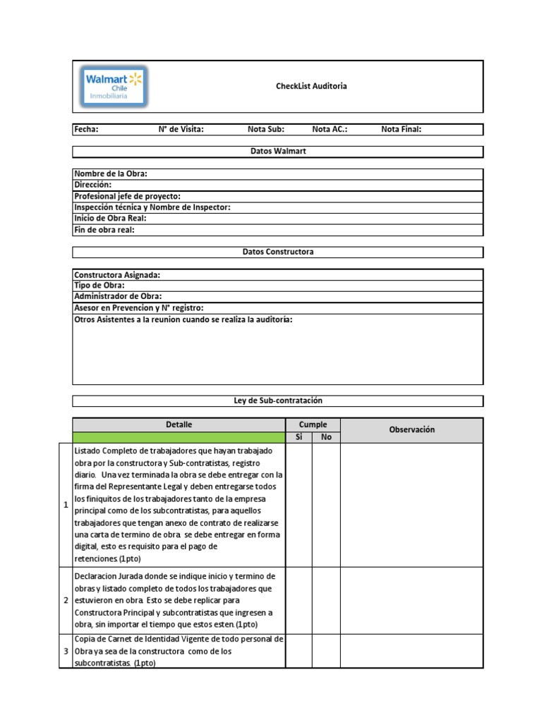 Checklist de Auditoría para Obras Walmart | PDF | Gobierno | Business