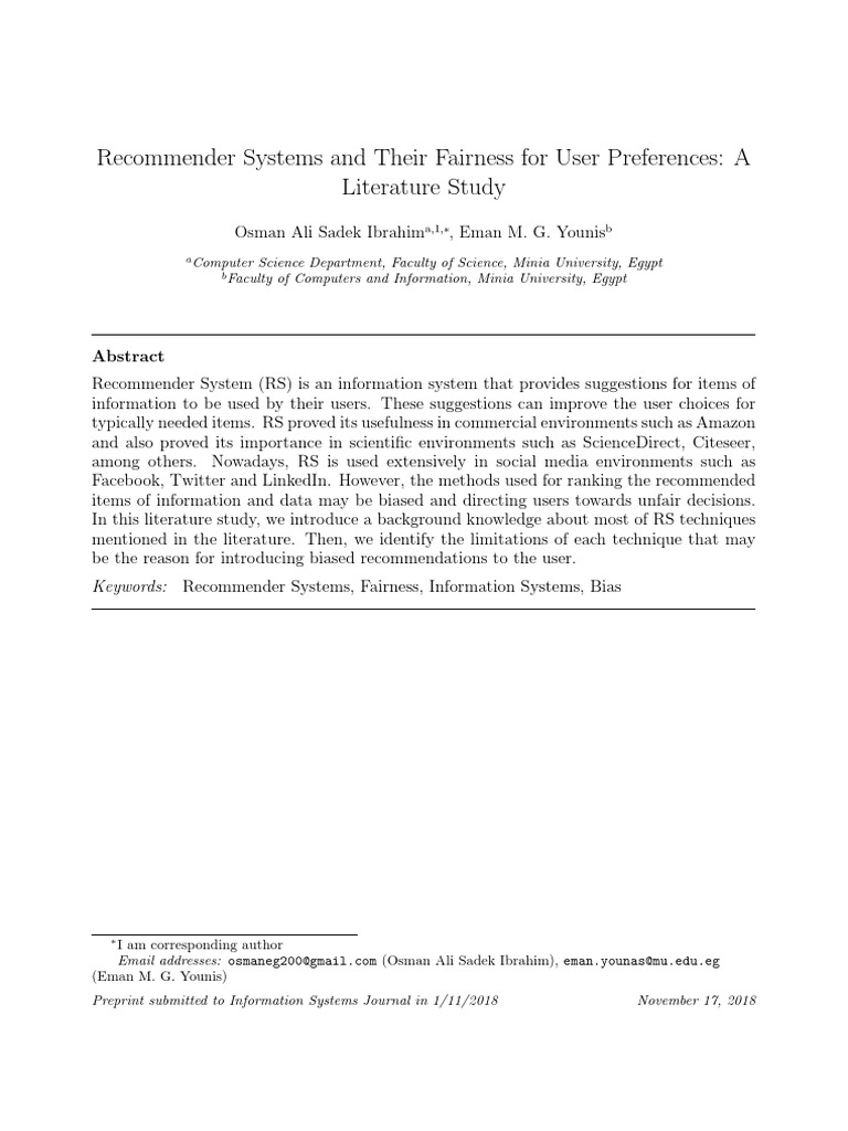 Recommender Systems and Their Fairness For User Preferences: A ...