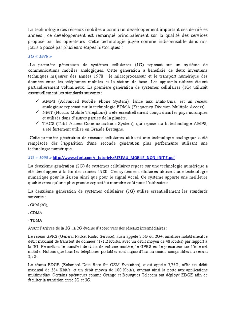Évolution des réseaux mobiles : 1G à 4G | PDF | 4G | LTE Advanced