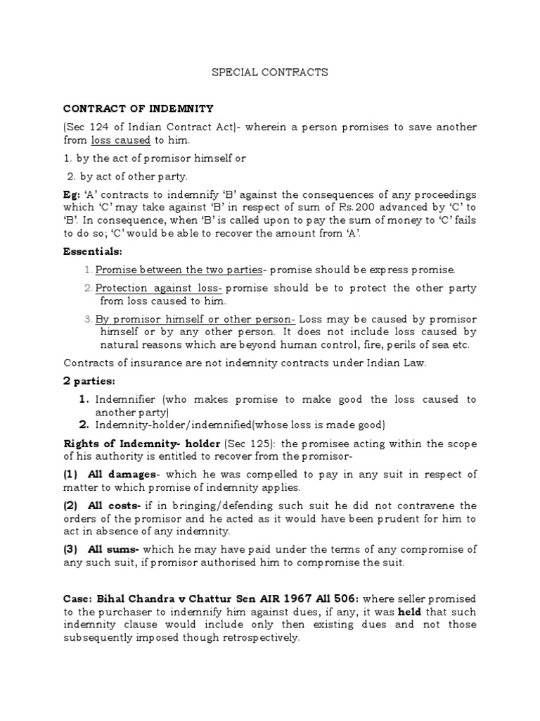 Analysis of Key Contracts in Indian Law Indemnity, Guarantee, Bailment