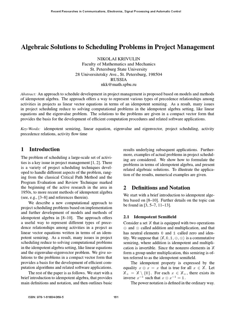 Algebraic Methods for Project Scheduling | PDF | Eigenvalues And ...