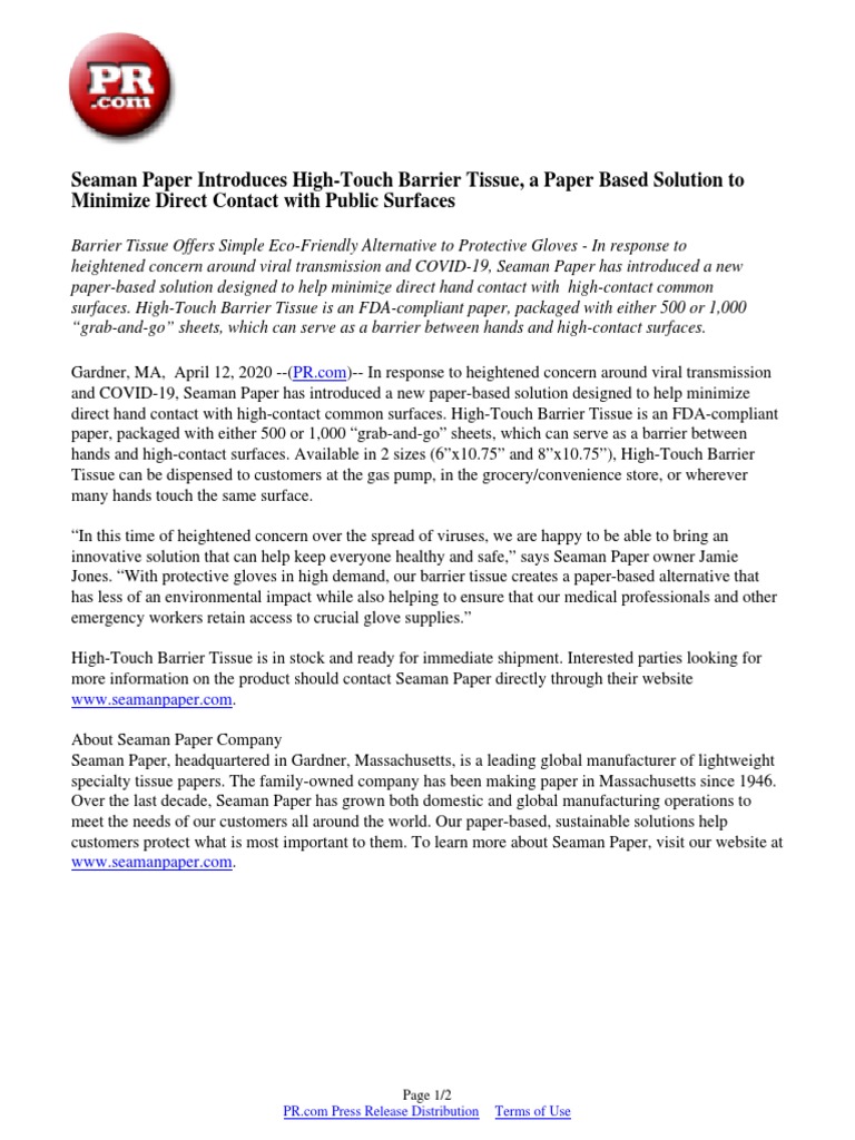 Seaman Paper Introduces High-Touch Barrier Tissue, A Paper Based ...
