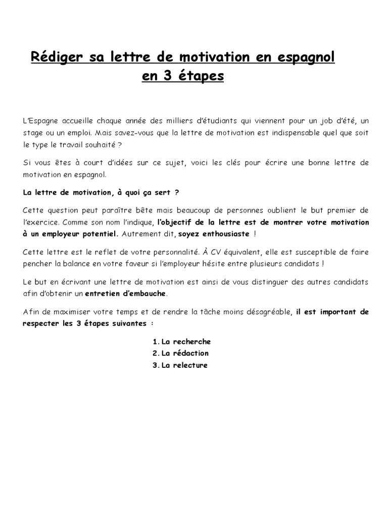Rediger Sa Lettre De Motivation En Espagnol En Trois Etapes Pdf Motivation Motivationnel