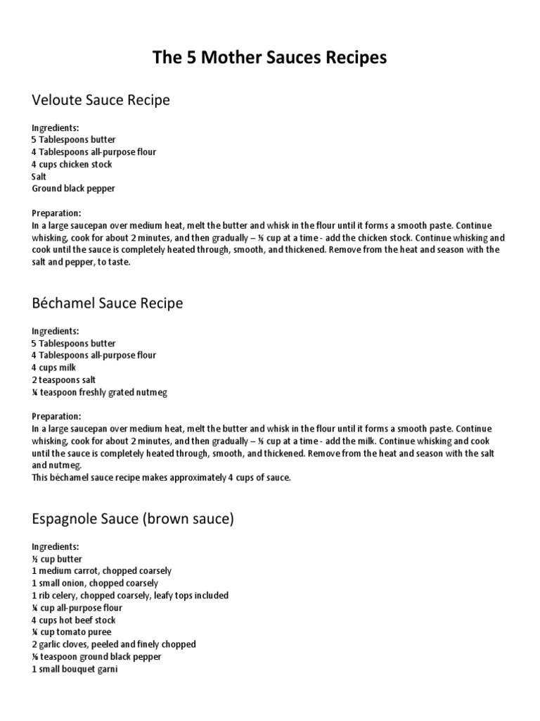5 Mother Sauces Recipes PDF Tomato Sauce Butter