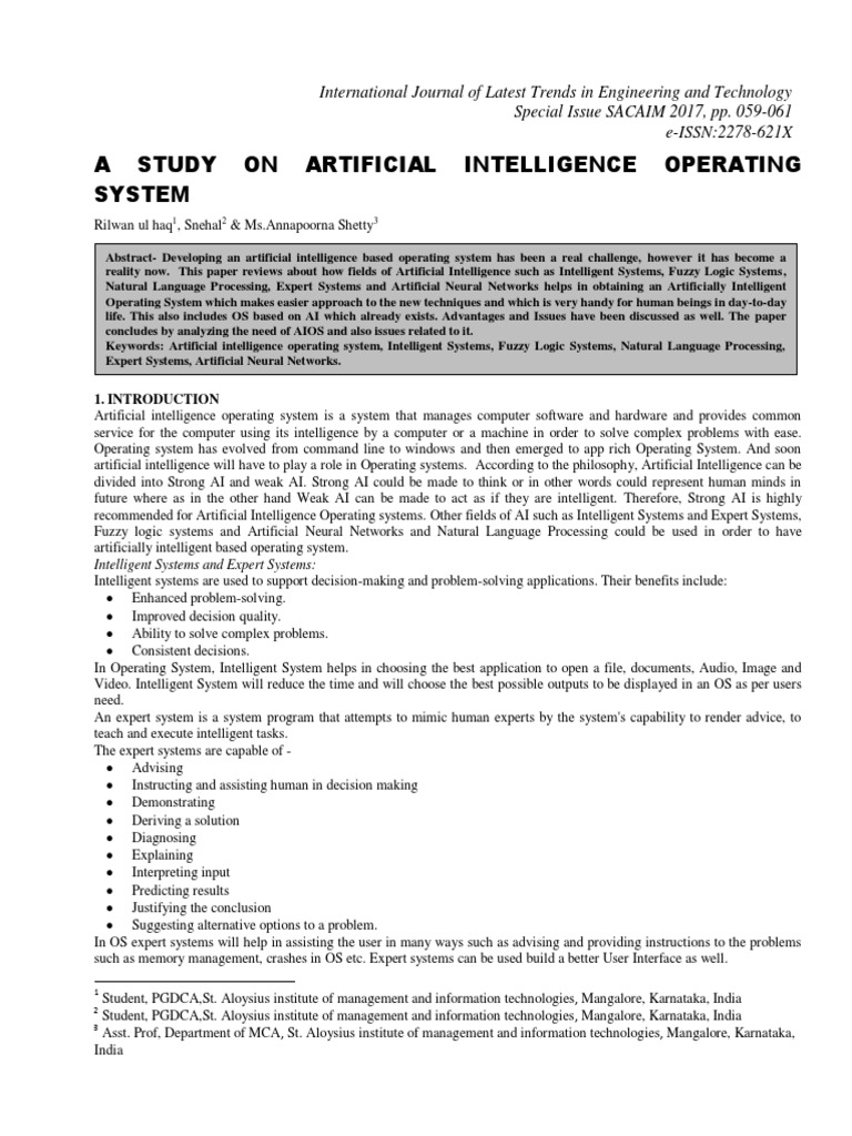 A Study On Artificial Intelligence Operating System PDF Artificial