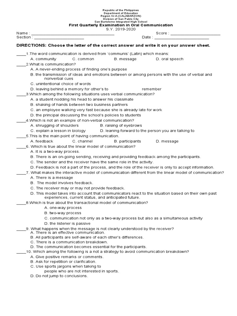 Oral Communication Exam Guide 2019-2020 | PDF | Nonverbal Communication ...