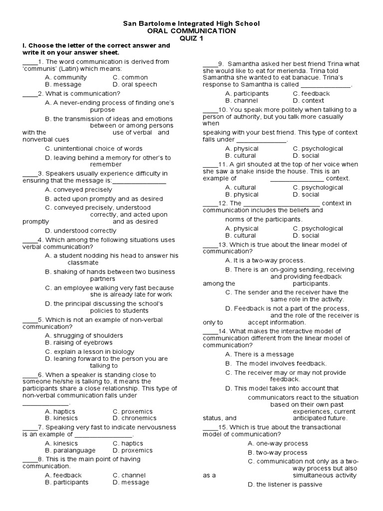 San Bartolome Integrated High School Oral Communication Quiz 1 PDF