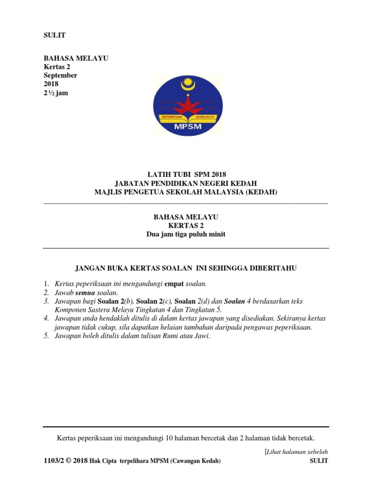 Soalan Bm2 Latih Tubi Spm 2018 Pdf