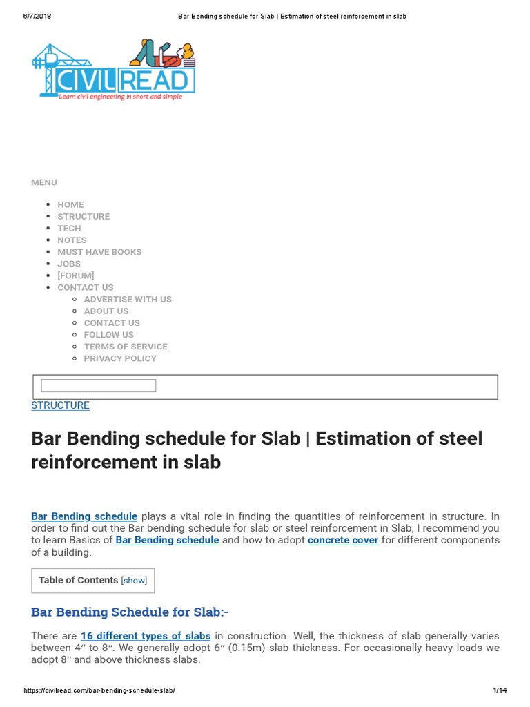 Bar Bending Schedule For Slab Estimation of Steel Reinforcement in Slab PDF PDF Bending