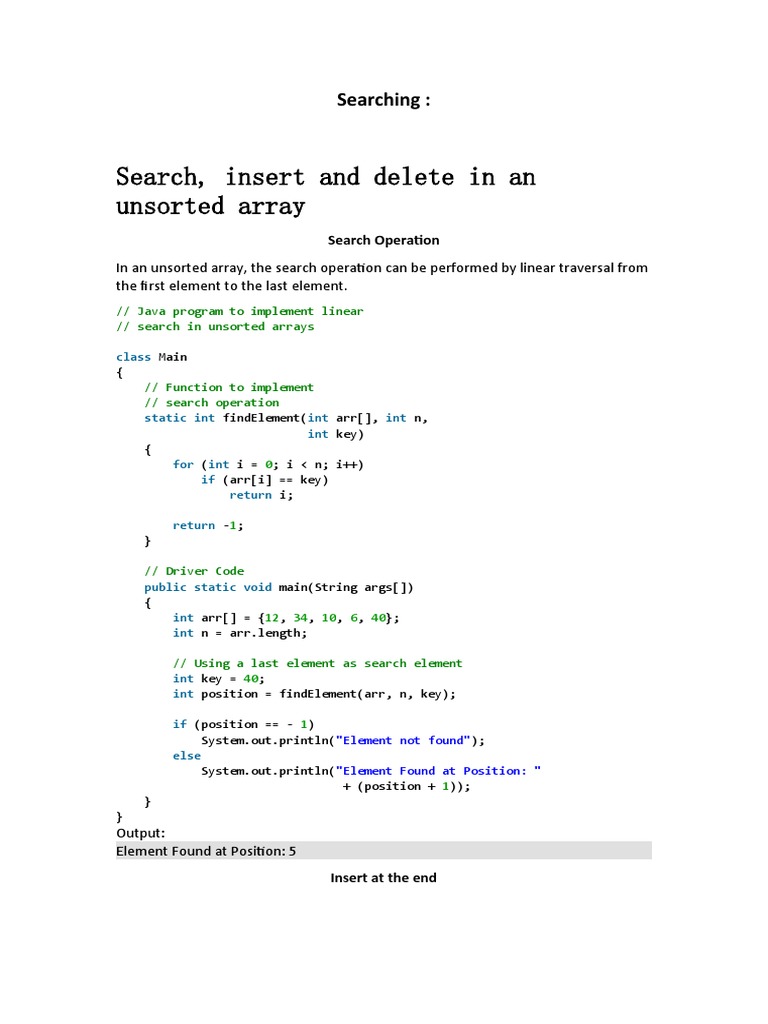 Search, Insert and Delete in An Unsorted Array: Searching | PDF | Array ...