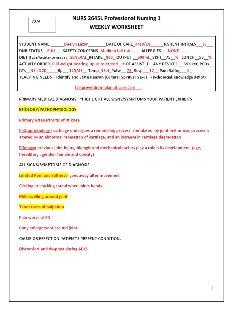 2645 Clinical Weekly Worksheet s18 | PDF | Dietary Supplements | Pain