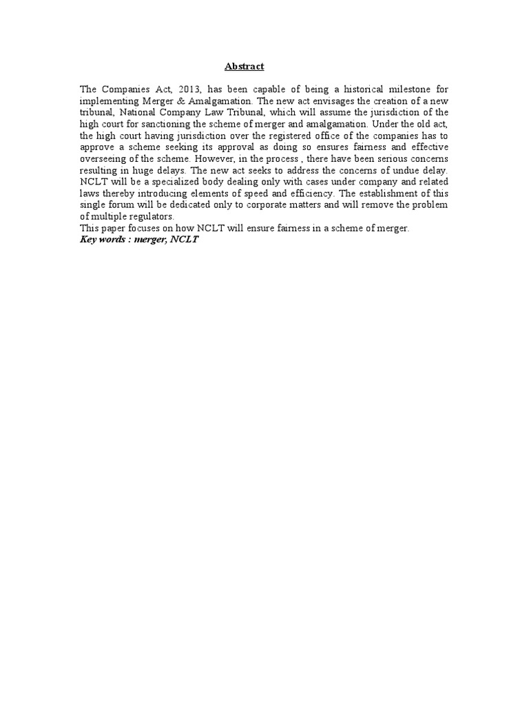 Research Paper On NCLT Assessing Fairness To A Scheme of Merger PDF Mergers And Acquisitions