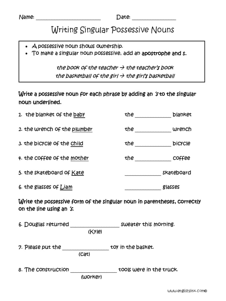 Student S Name: - Date: - Score: Grammar 1 Possessive 'S: Singular and  Plural Write The Apostrophe (') in The Correct Position, PDF