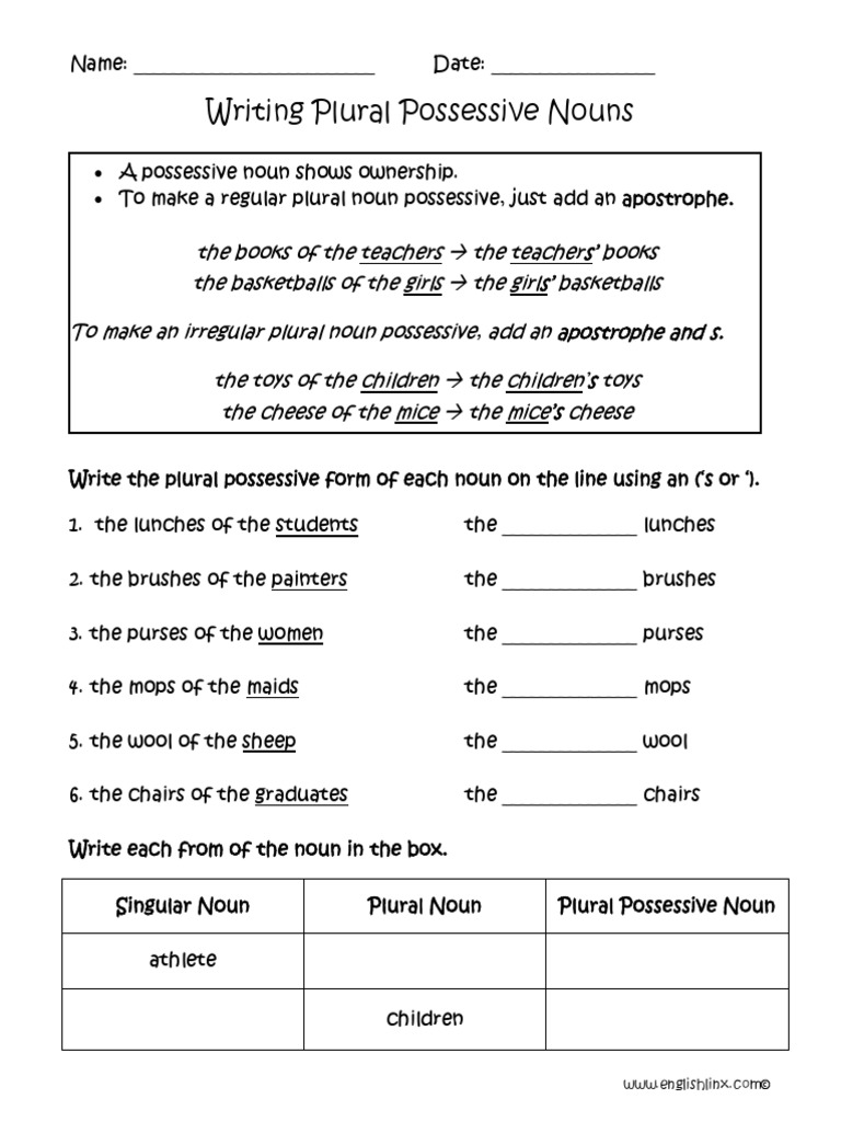 Writing Plural Possessive Nouns PDF  PDF  Plural  Noun