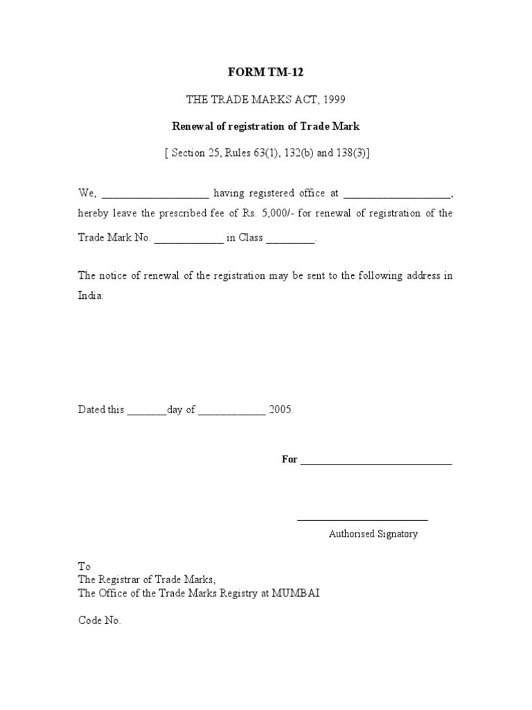 Trademark Renewal Form TM-12 | PDF | Finance & Money Management