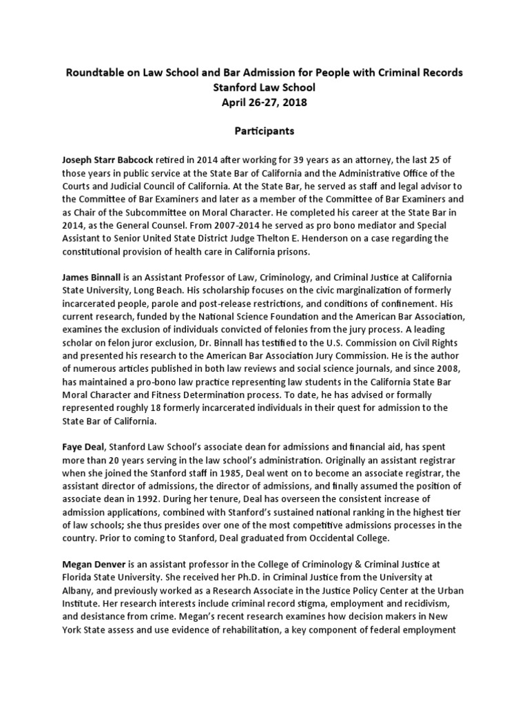 Roundtable On Law School and Bar Admission For People With Criminal Records Stanford Law School