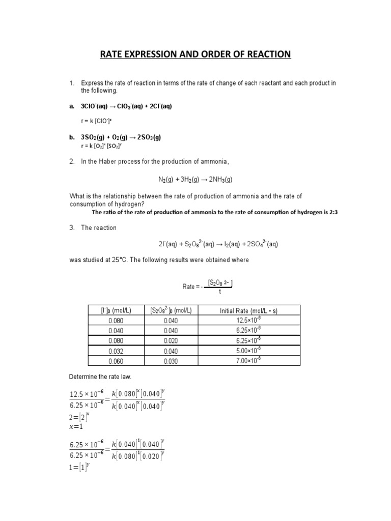 Rate Expression and Order of Reaction | PDF | Chemical Process ...