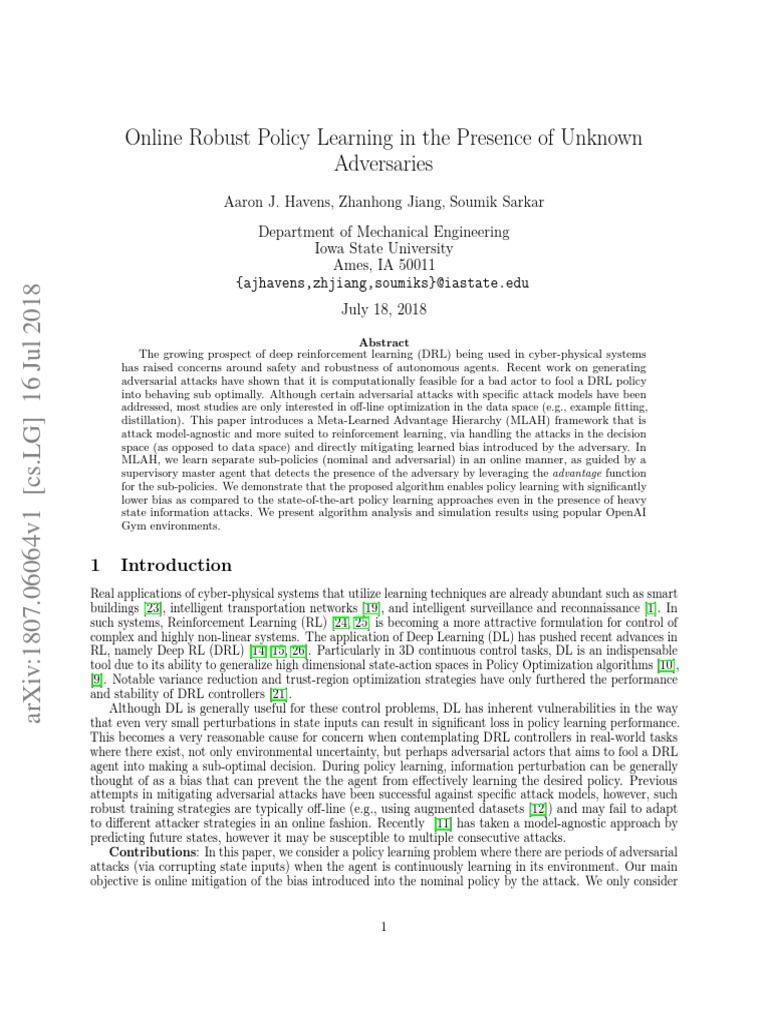 Online Robust Policy Learning in The Presence of Unknown Adversaries ...