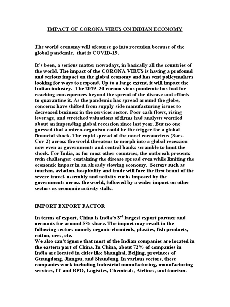 Impact of Corona Virus On Indian Economy | PDF | China | World Politics