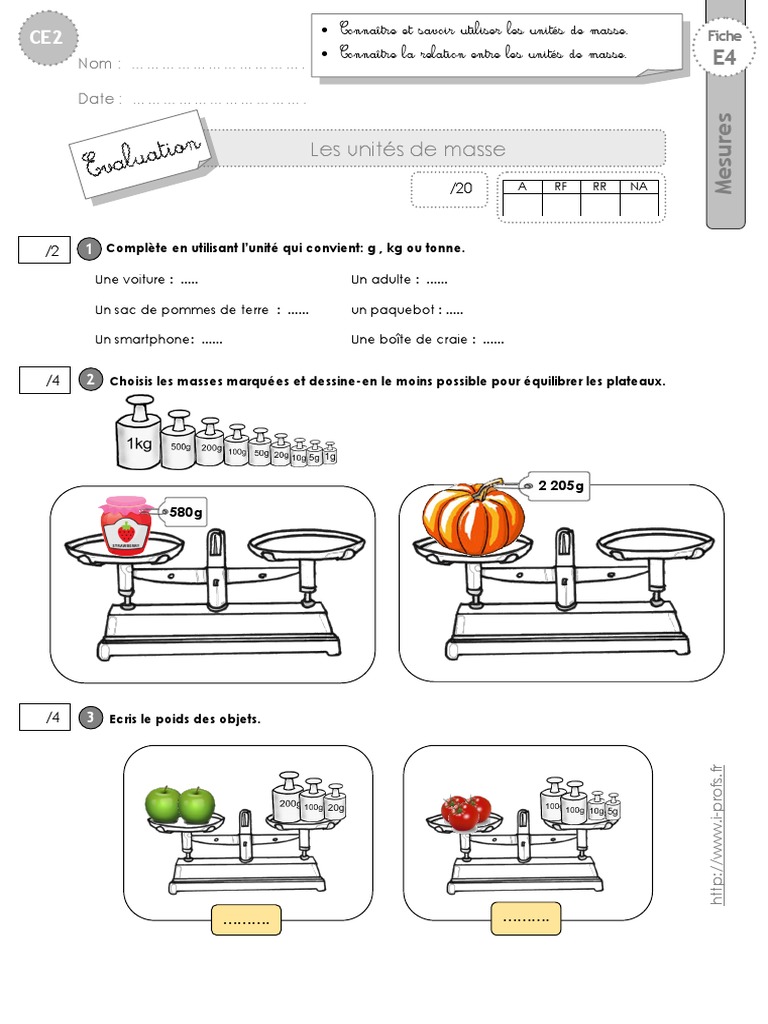Exercices Sur Les Masses Ce2 à Imprimer Ce2 Evaluation Masses PDF | PDF | Système international d'unités | Masse