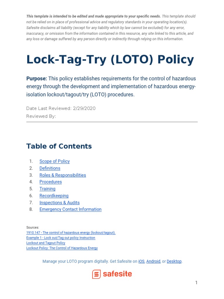 LOTO Policy Template - Go To File - Download To Edit | PDF | Energy And ...