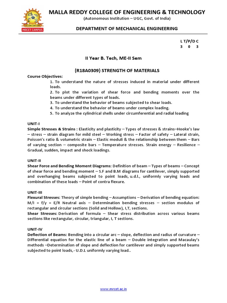 R18A0309 STRENGTH OF MATERIALS Syllabus PDF Bending Beam (Structure)