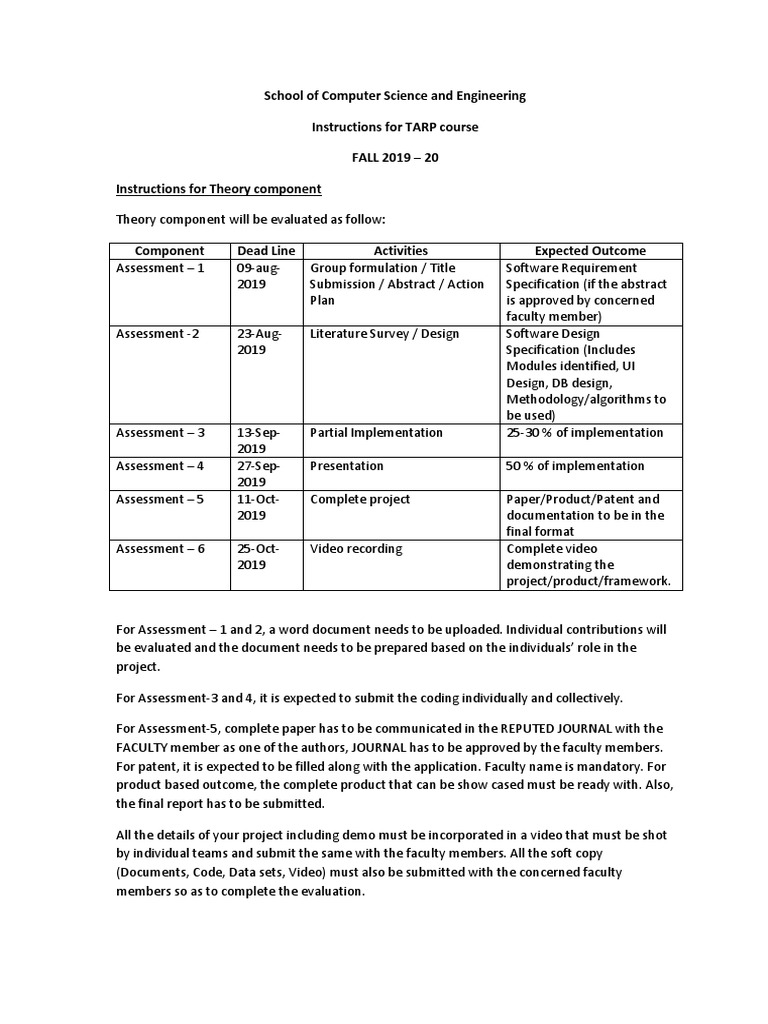 School of Computer Science and Engineering Instructions For TARP Course