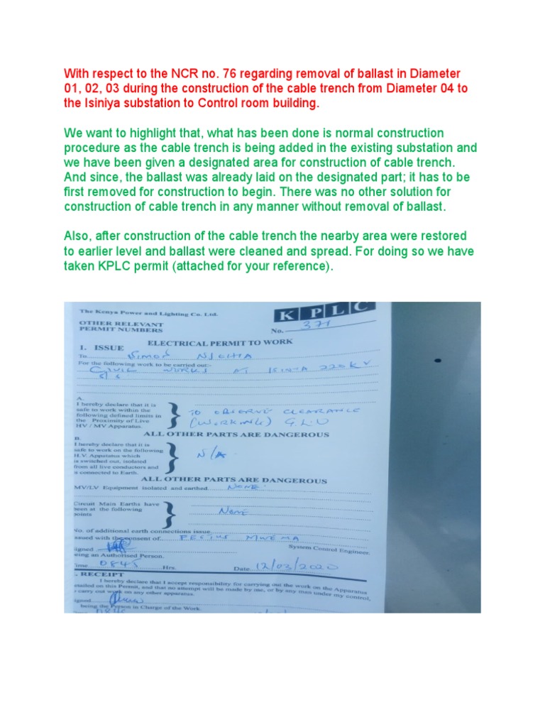 With Respect To The NCR No. 76 Regarding Removal of Ballast in Diameter ...