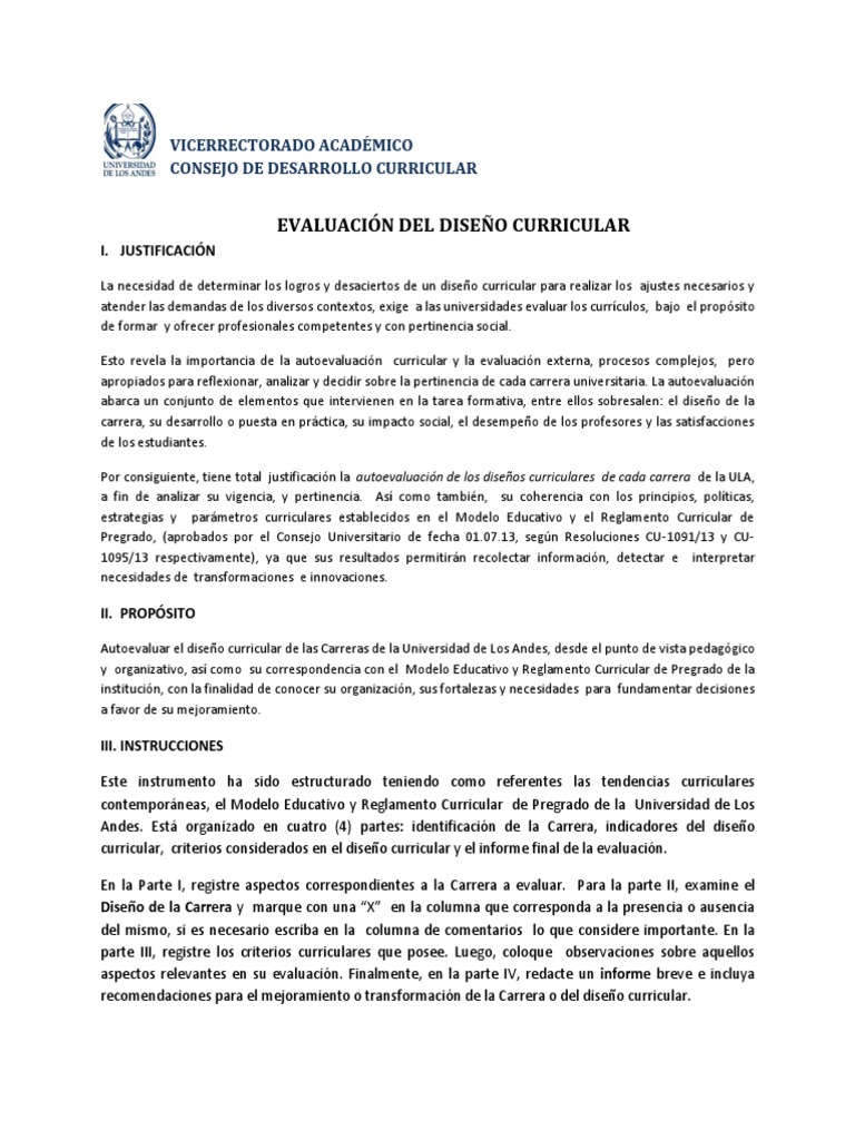 Evaluación del Diseño Curricular ULA | PDF | Diseño | Plan de estudios